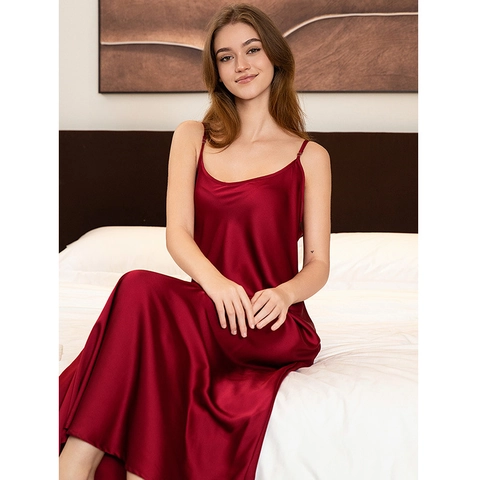 Women Sexy Satin Long Nightdress Adjustable Strap V Neck Sleepwear Back Slit Solid Color Glossy Loungewear Nightgown
