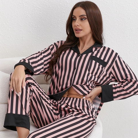Haut de Pyjama à Rayures Look Satiné Pour Femme Et Pantalon Loungewear Souple En Polyester Élasthanne Avec Boutons Manches Longues Tenue Maison
