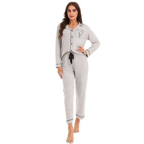 Set Pigiama Donna in Modal Viscosa Manica Lunga Revers Bordo a Contrasto Abbottonato Loungewear Top E Pantaloni