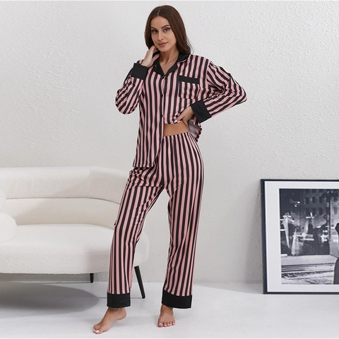 Haut de Pyjama à Rayures Look Satiné Pour Femme Et Pantalon Loungewear Souple En Polyester Élasthanne Avec Boutons Manches Longues Tenue Maison