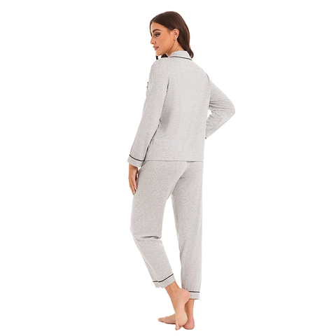 Set Pigiama Donna in Modal Viscosa Manica Lunga Revers Bordo a Contrasto Abbottonato Loungewear Top E Pantaloni