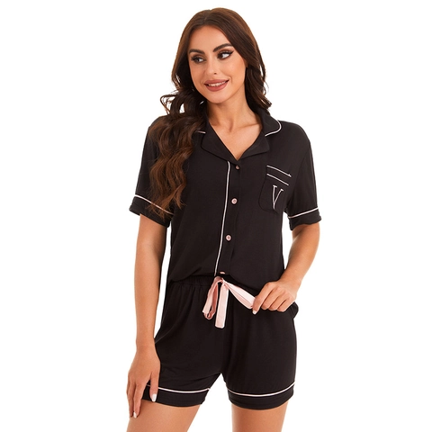 Pigiama da Donna in Modal Casual Due Pezzi Manica Corta Collo a Revers Bordi a Contrasto Pantaloncini con Coulisse