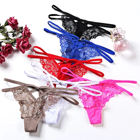 String Sexy en Dentelle Florale pour Femmes Respirant Transparent G-String Ajouré Avec Nœud Broderie Papillon Lingerie