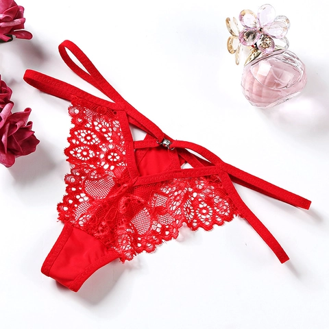 String Sexy en Dentelle Florale pour Femmes Respirant Transparent G-String Ajouré Avec Nœud Broderie Papillon Lingerie