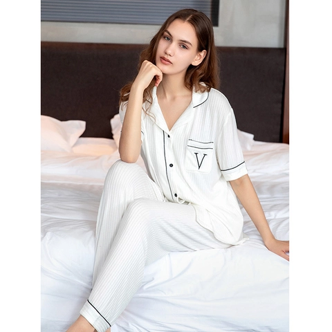 Dames Gestreepte Modal Pyjamaset Korte Mouw Knoopsluiting Top En Lange Broek Contrast Bies Geribbelde Loungewear Set Voor Thuis
