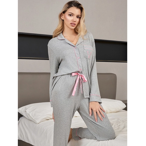 Women Ribbed Pajama Set Long Sleeve Button Down Shirt And Pants With Matching Eye Mask Modal Rayon Loungewear Sleepwear