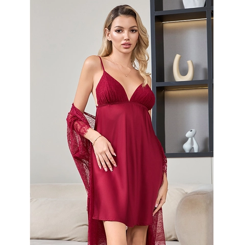 Camicia da Notte Sexy in Pizzo e Raso con Scollo a V per Donna Senza Schienale Senza Maniche in Seta di Ghiaccio Lingerie