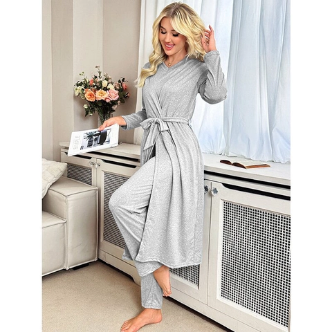 Women Loungewear Set Comprising Robe Short Sleeve Top And Long Pants Made Of Soft Polyester Knit Solid Color Heather Gray