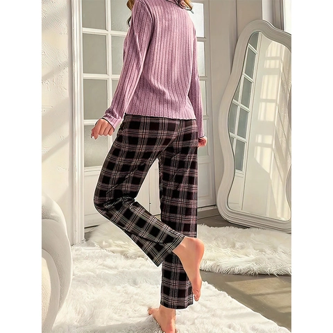 Women Casual Ribbed Long Sleeve Top And Plaid Pants Two Piece Loungewear Sleepwear Round Neck Pajamas With Bow Decoration