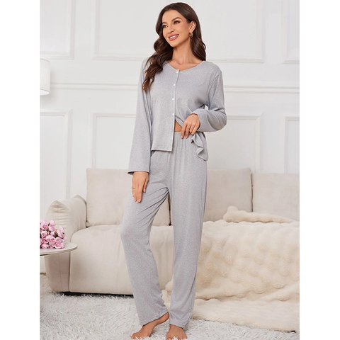 Pijama de Punto de Color Sólido para Mujer Top de Manga Larga con Cuello en V y Botones y Pantalones Largos
