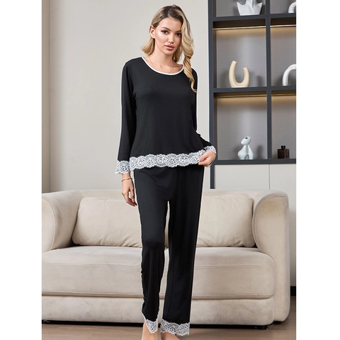 Women's Casual Modal Cotton Pajama Set Elegant Lace Trim Round Neck Long Sleeve Homewear Two Piece Sleepwear Set For Lounge