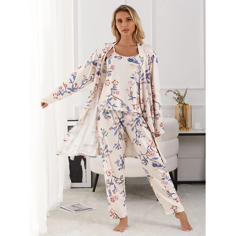 Set Pigiama da Donna Vestaglia Canotta E Pantaloni in Raso con Stampa Floreale E Farfalle Abbigliamento da Casa Stile Occidentale