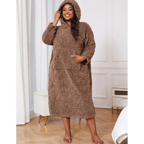 Women Plus Size Hooded Fleece Nightgown Geometric Pattern Winter Warm Loungewear Long Sleeve Sleepwear Coffee Robe