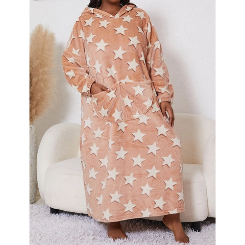 Women Flannel Hooded Star Pattern Long Robe Plus Size Warm Fleece Sleepwear Oversized Blanket Hoodie Nightgown With Pockets