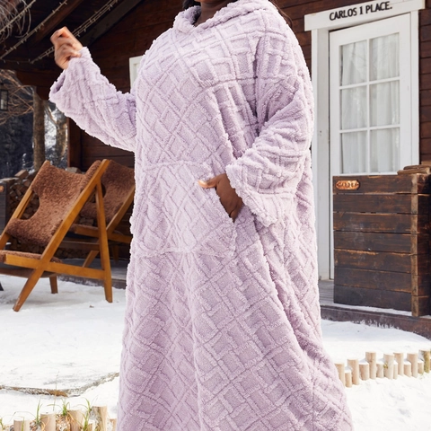 Chemise de Nuit Oversize pour Femmes Grande Taille en Flanelle Avec Capuche Motif Losanges Couverture Portable Chaude d'Hiver