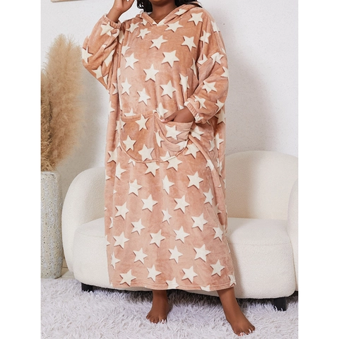 Women Flannel Hooded Star Pattern Long Robe Plus Size Warm Fleece Sleepwear Oversized Blanket Hoodie Nightgown With Pockets