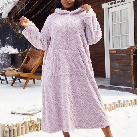 Chemise de Nuit Oversize pour Femmes Grande Taille en Flanelle Avec Capuche Motif Losanges Couverture Portable Chaude d'Hiver