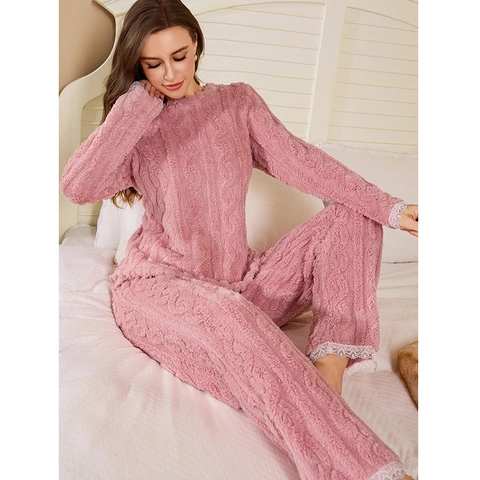 Damen Warm Korallenvlies Oberteil Und Hose Pyjamas Dick Zopfmuster Langarm Zweiteiler Schlafanzug Home Clothes Für Winter