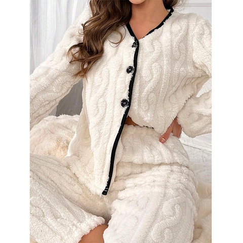 Ensemble Homewear Femme Cardigan Molleton Épais Et Pantalon Torsade Col en V Bordure Contrastée Pyjama d'Hiver Blanc