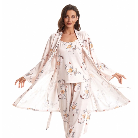 Ensemble Pyjama Femme Imprimé Fleurs Oiseaux Avec Peignoir Camisole Et Pantalon Élégant Doux Home Sleepwear Rose