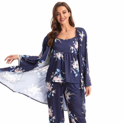 Ensemble de Pyjama Femme Imprimé Floral Camisole Pantalon Long Et Peignoir Bleu Marine Élégant Confortable Vêtements de Nuit