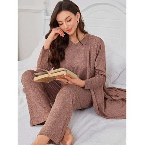 Heathered Marl Knit Loungewear Set For Women With Robe V Neck Top And Pants Soft Breathable Pajamas Casual Sleepwear