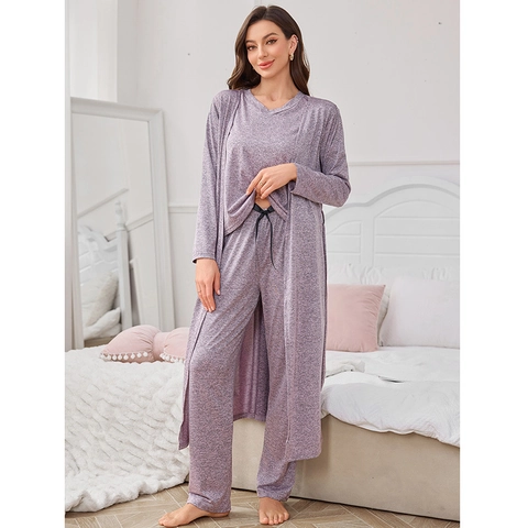 Women Pajama Set Robe Short Sleeve Top And Long Pants Knit Polyester Marl Soft Comfortable Casual Loungewear Sleepwear