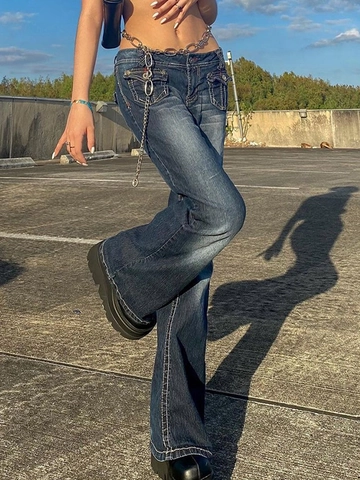 Jeans a Campana Blu Profondo Y2K da Donna Cuciture Bianche a Contrasto Tasche Multiple Denim Streetwear Con Catena