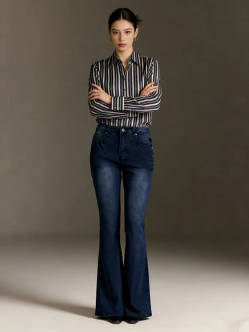 Jeans a Zampa da Donna Retro a Vita Alta Micro Flare Snellenti in Denim Lavato Pantaloni alla Moda Casual da Ufficio