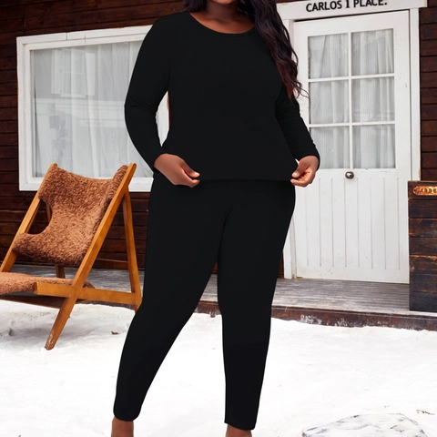 Women Plus Size Pajama Set Solid Color Round Neck Long Sleeve Top And Pants Casual Warm Loungewear Sleepwear Homewear