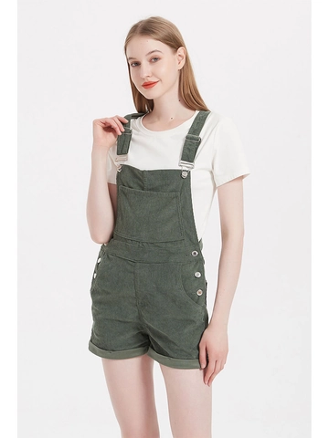 Salopette Donna in Velluto a Coste Pantaloncini Tuta Verde Scuro Vita Alta Romper Con Tasche Street Style Vestibilità Comoda