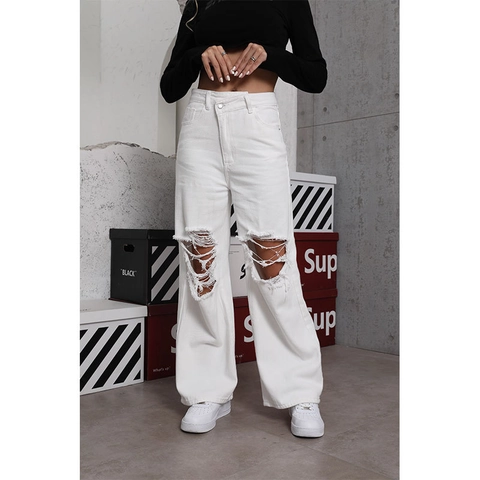 Damen Weiße High Waist Zerrissene Weite Jeans Baumwolle Denim Distressed Streetwear Locker Gerade Hose