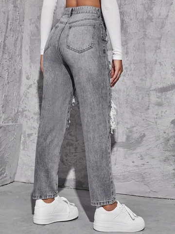 Women High Waist Distressed Straight Jeans Retro Streetwear Cut Out Ripped Denim Pants Long Trousers Casual Bottoms