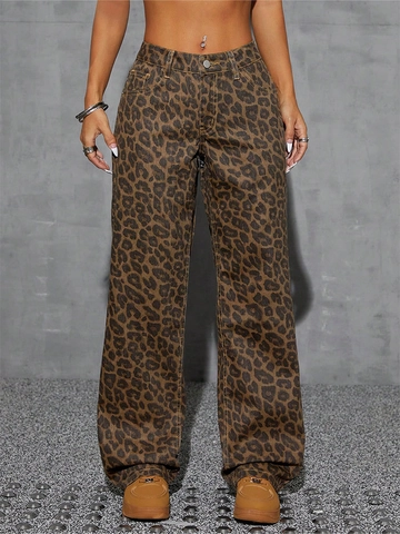 Vintage Leopard Print High Waisted Wide Leg Denim Jeans Women Loose Straight Long Casual Streetwear Fashion Trousers