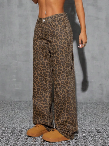 Vintage Leopard Print High Waisted Wide Leg Denim Jeans Women Loose Straight Long Casual Streetwear Fashion Trousers