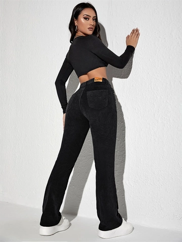 Pantalon Évasé en Velours Côtelé à Taille Haute pour Femmes Slim Fit Couleur Unie Streetwear Rétro Élastique Décontracté