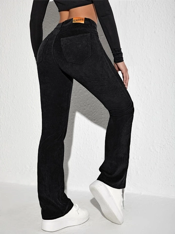 Pantalon Évasé en Velours Côtelé à Taille Haute pour Femmes Slim Fit Couleur Unie Streetwear Rétro Élastique Décontracté
