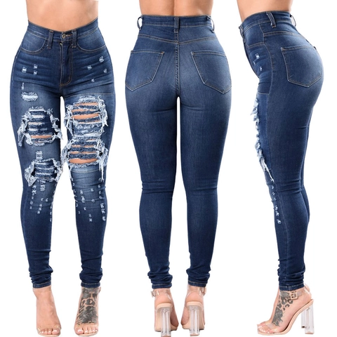 Women's High Waist Ripped Skinny Jeans Distressed Denim Cotton Pants Slim Fit Pencil Trousers Streetwear Long Bottoms