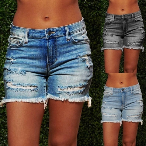 Women Distressed Denim Shorts High Waist Ripped Frayed Hem Stretchy Casual Jean Shorts Summer Streetwear Cotton Blend
