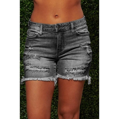 Women Distressed Denim Shorts High Waist Ripped Frayed Hem Stretchy Casual Jean Shorts Summer Streetwear Cotton Blend