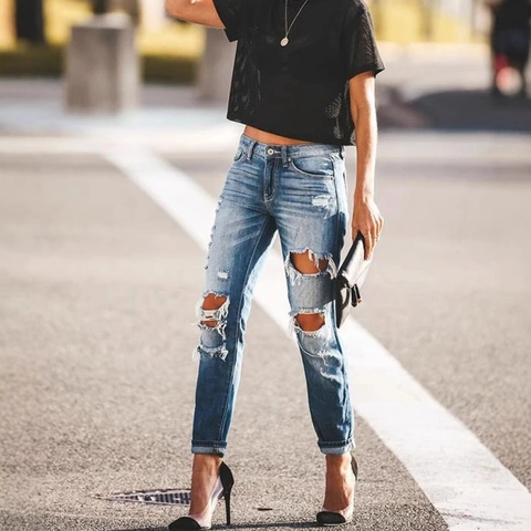Jeans Strappati a Vita Alta da Donna Streetwear Pantaloni in Denim a Gamba Dritta Casual Sottili Lunghi Blu Street Style