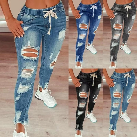 Damen Hohe Taille Zerrissene Skinny Denim Jeans Mit Elastischem Kordelzug Bund Ausgefranster Saum Slim Pencil Hose