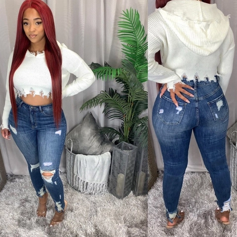 Hohe Taille Schlanke Passform Zerrissene Jeans Für Damen Dehnbare Denim Bleistifthose Gewaschene Lange Hose Casual Streetwear