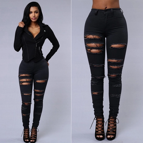 Women High Waist Ripped Skinny Jeans Distressed Denim Pencil Pants Streetwear Casual Slim Fit Stretch Cotton Trousers
