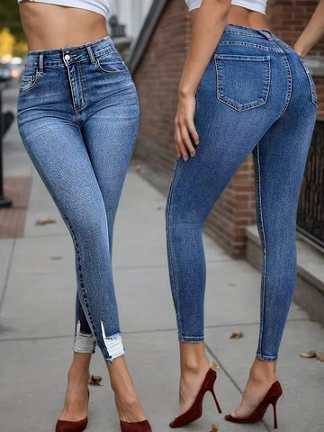 Jeans Skinny à Taille Haute pour Femmes Pantalon en Denim Lavé Bleu Vintage Avec Bords Effilochés Pantalon Crayon Déchiré pour Trajet Décontracté