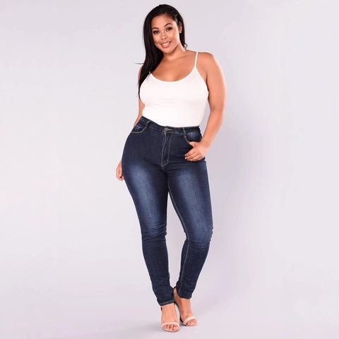 Pantalones Vaqueros Ajustados de Cintura Alta Talla Grande para Mujer Denim Elástico Pantalón Lápiz Azul Oscuro Corte Slim