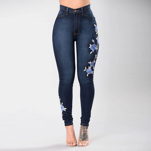 Damen High Waist Skinny Jeans Mit Blumen Rosen Stickerei Dunkelblau Slim Fit Stretch Denim Bleistifthose Casual Lange Hosen