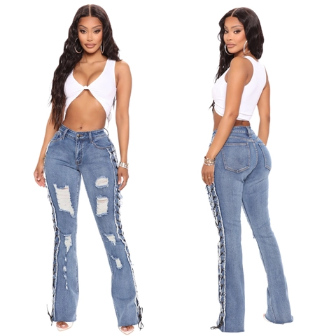 Jeans a Campana a Vita Alta da Donna Sexy con Allacciatura Laterale Pantaloni in Denim Strappati Y2K Streetwear Bordo a Taglio Vivo