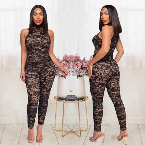 Dames Sexy Bloemen Kant Katoen Viscose Jumpsuit Halter Hoge Hals Slim Fit Mouwloze Romper Voor Party Clubwear Night Out