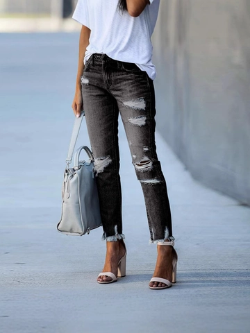 Women's High Waisted Ripped Straight Leg Jeans Cotton Distressed Slim Fit Denim Pants With Raw Hem For Daily Wear